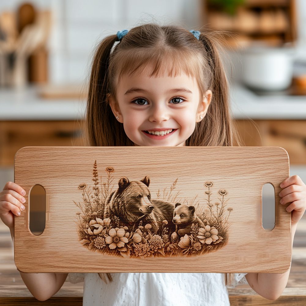 Charcuterie Board Laser Engraving File, Bear Cub Floral