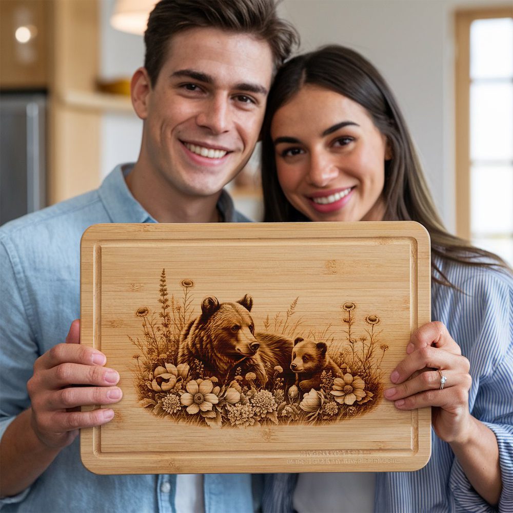 Charcuterie Board Laser Engraving File, Bear Cub Floral