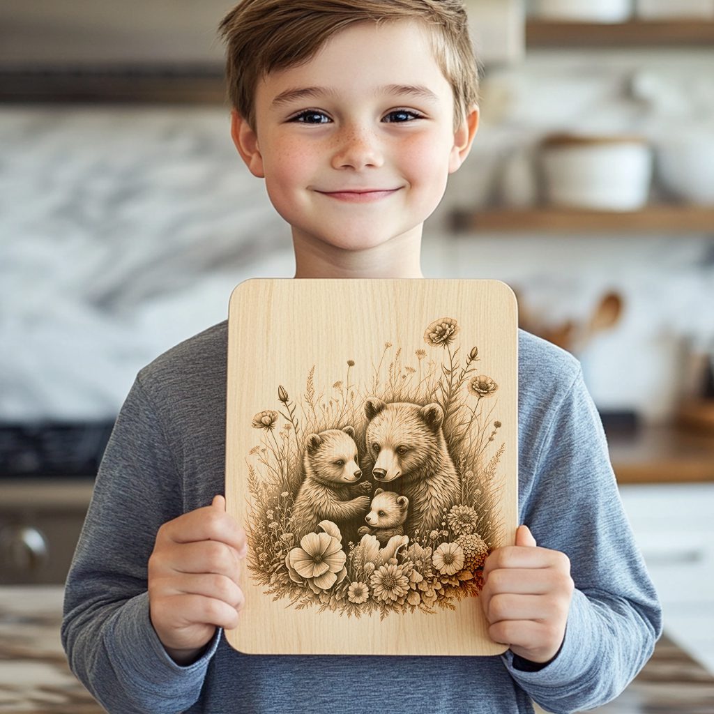 Charcuterie Board Laser Engraving File, Bear with Flowers, Rustic Kitchen Art Template – Bild 2