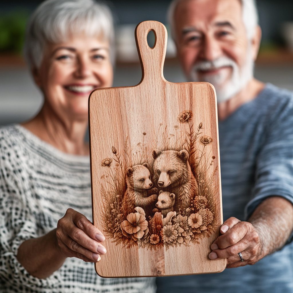 Charcuterie Board Laser Engraving File, Bear with Flowers, Rustic Kitchen Art Template – Bild 3