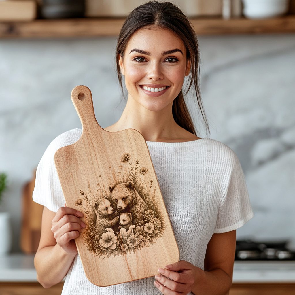 Charcuterie Board Laser Engraving File, Bear with Flowers, Rustic Kitchen Art Template – Bild 4