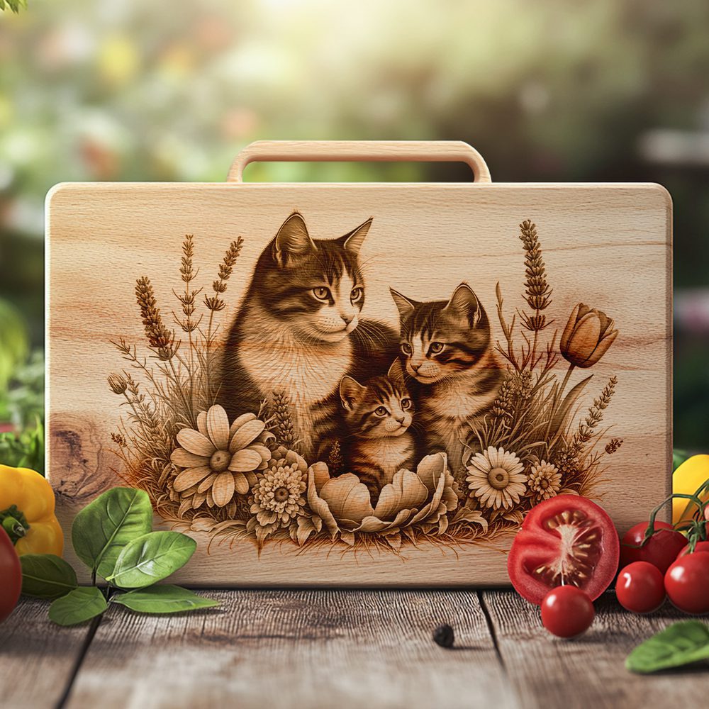 Charcuterie Board Laser Engraving File, Cat Family, Floral