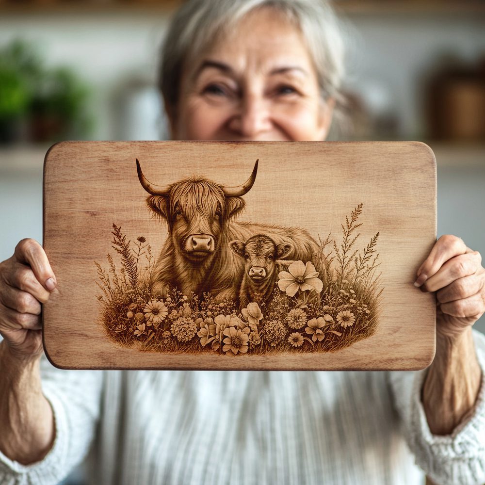 Charcuterie Board Laser Engraving File, Highland Cow Family,