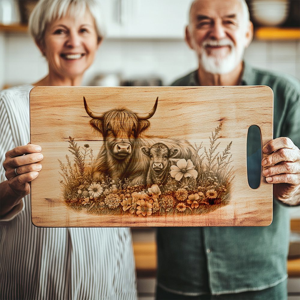 Charcuterie Board Laser Engraving File, Highland Cow Family,
