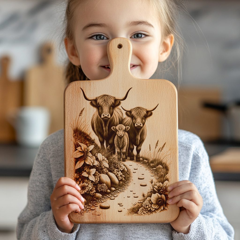 Charcuterie Board Laser Engraving File, Highland Cow Hillside