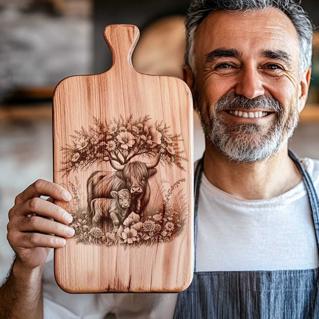 Charcuterie Board Laser Engraving File, Highland Cow Rustic