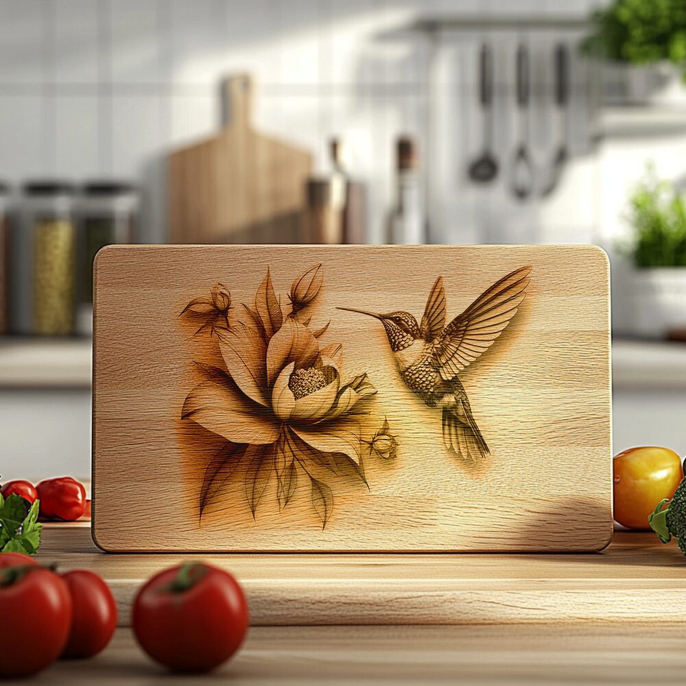 Charcuterie Board Laser Engraving File, Hummingbird Flower Design,