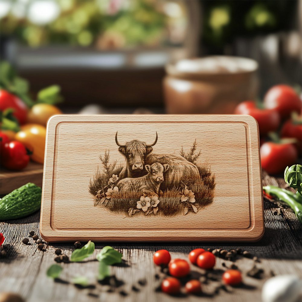 Charcuterie Board Laser Engraving, Highland Cows, Rustic Kitchen