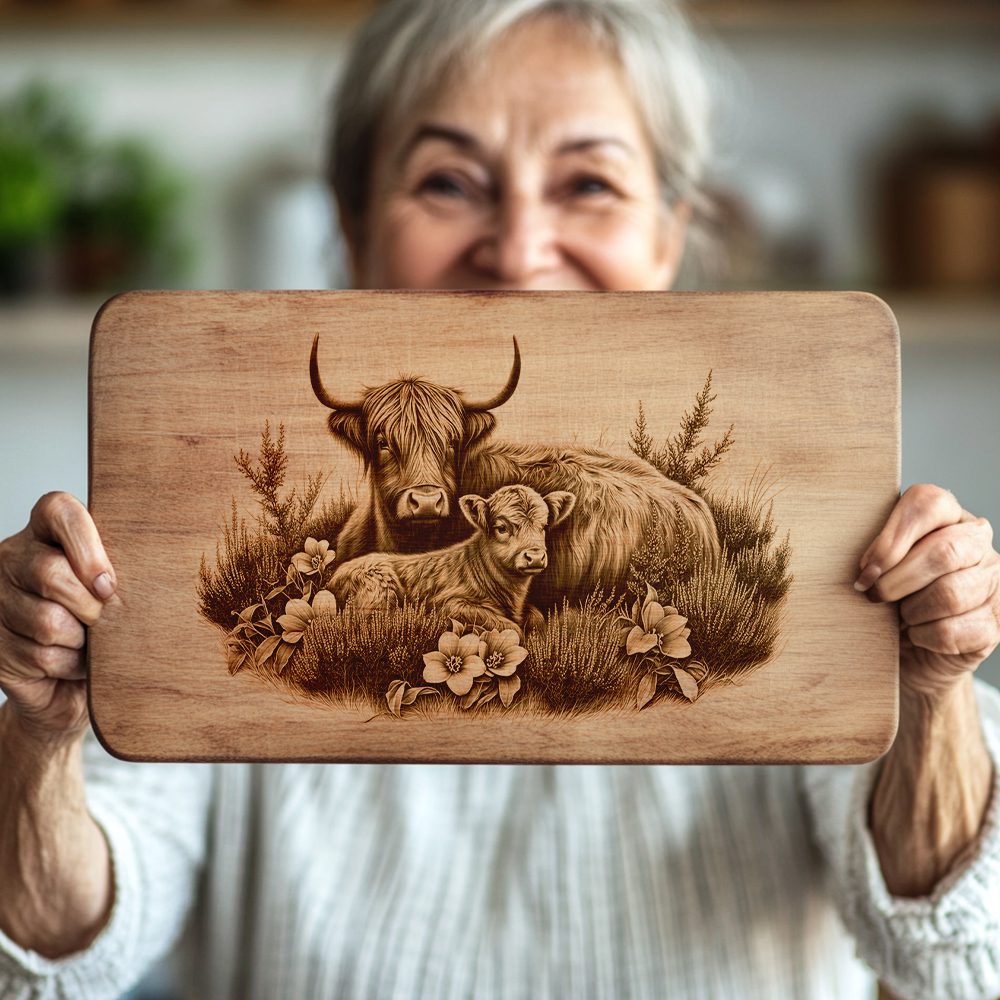 Charcuterie Board Laser Engraving, Highland Cows, Rustic Kitchen