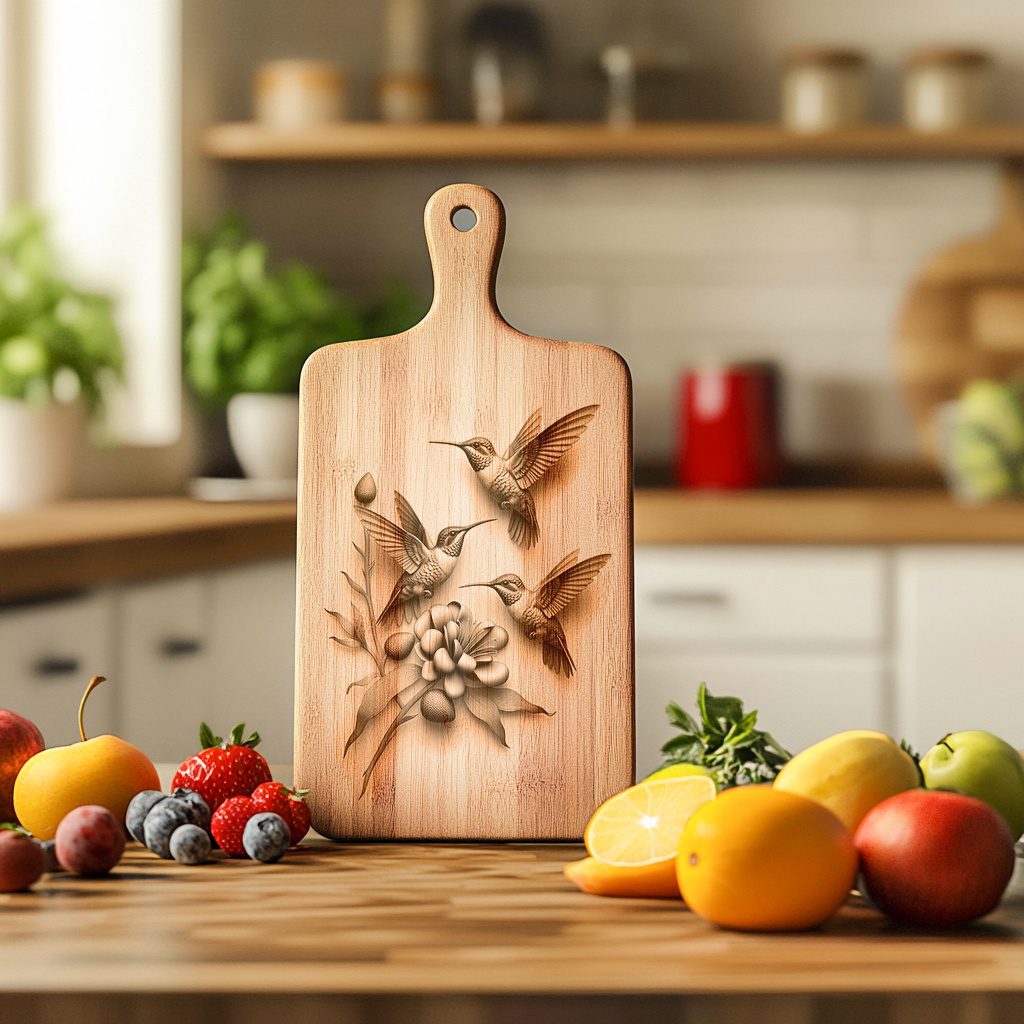 Hummingbird Family 3D Illusion Charcuterie Board Laser Engraving