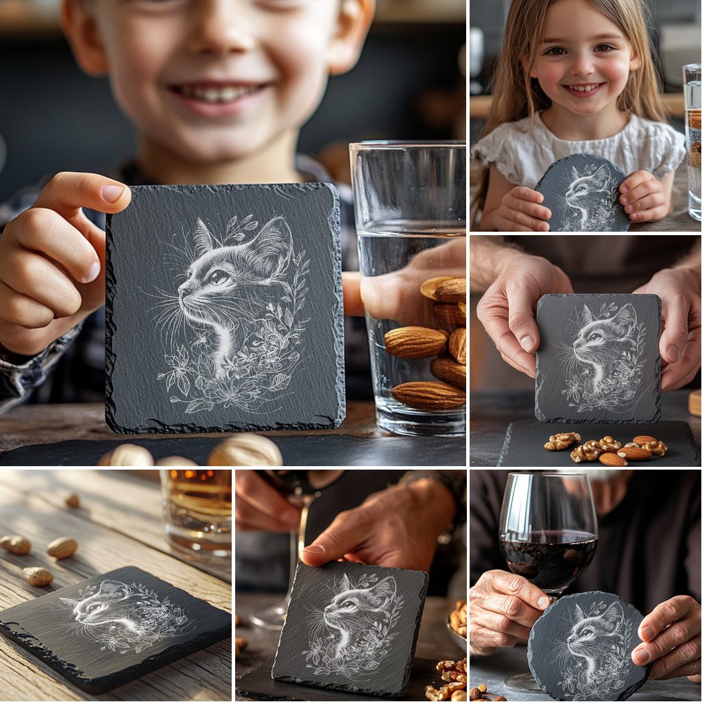 Cat Flora Slate Coaster Engraving Designs, 6 Unique Digital Files for Home Decor, DIY - immagine 4
