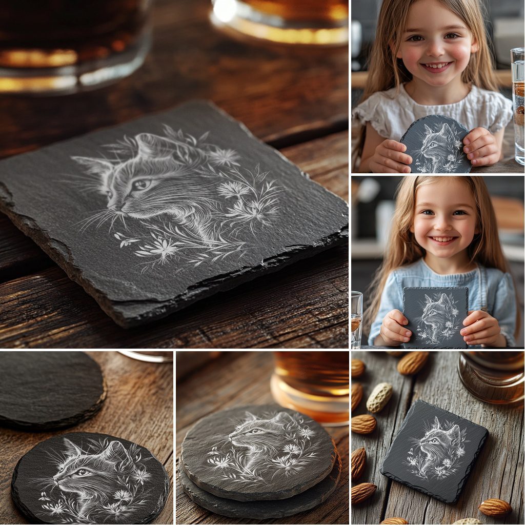 Cat Flora Slate Coaster Engraving Designs, 6 Unique Digital Files for Home Decor, DIY - immagine 5