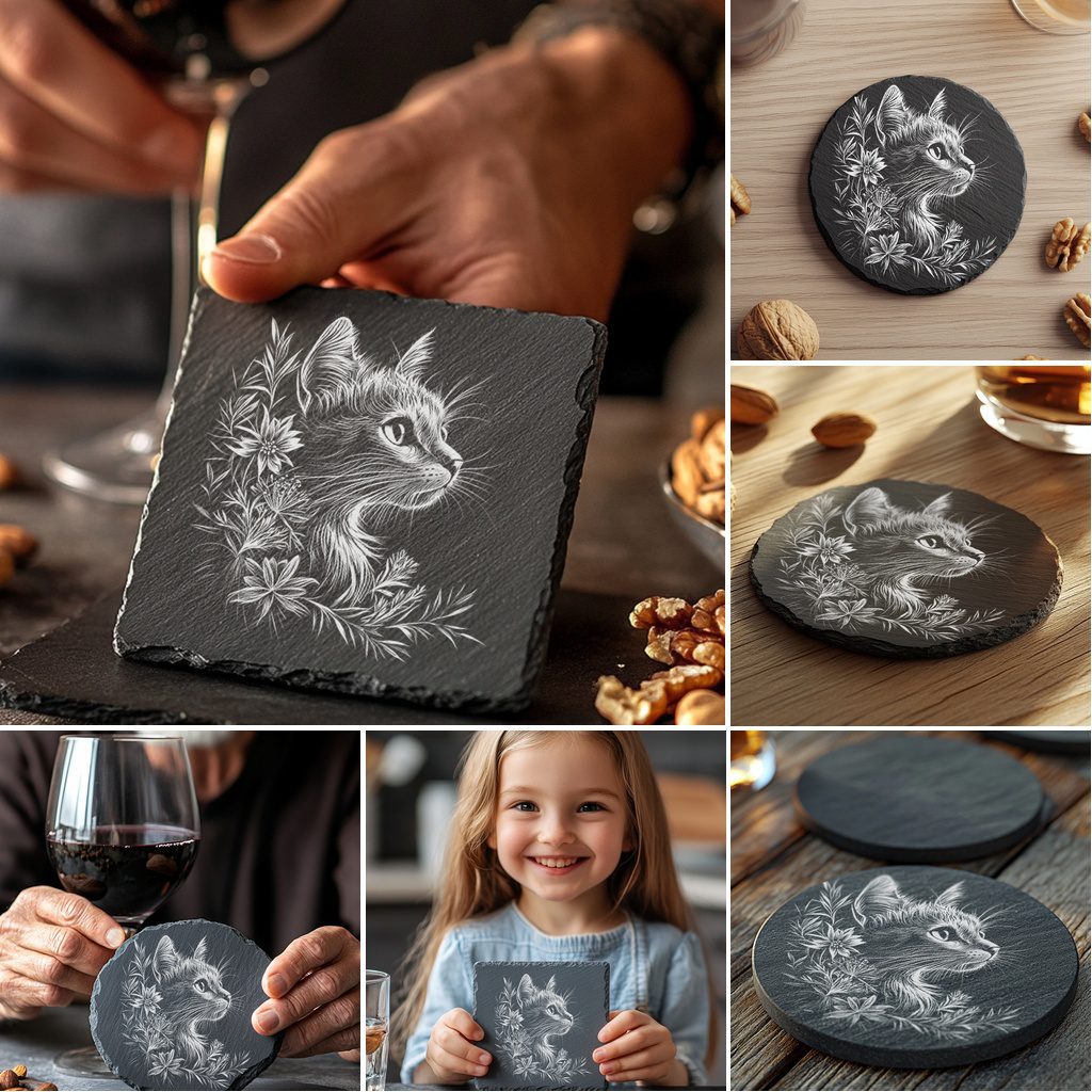 Cat Flora Slate Coaster Engraving Designs, 6 Unique Digital Files for Home Decor, DIY - immagine 6