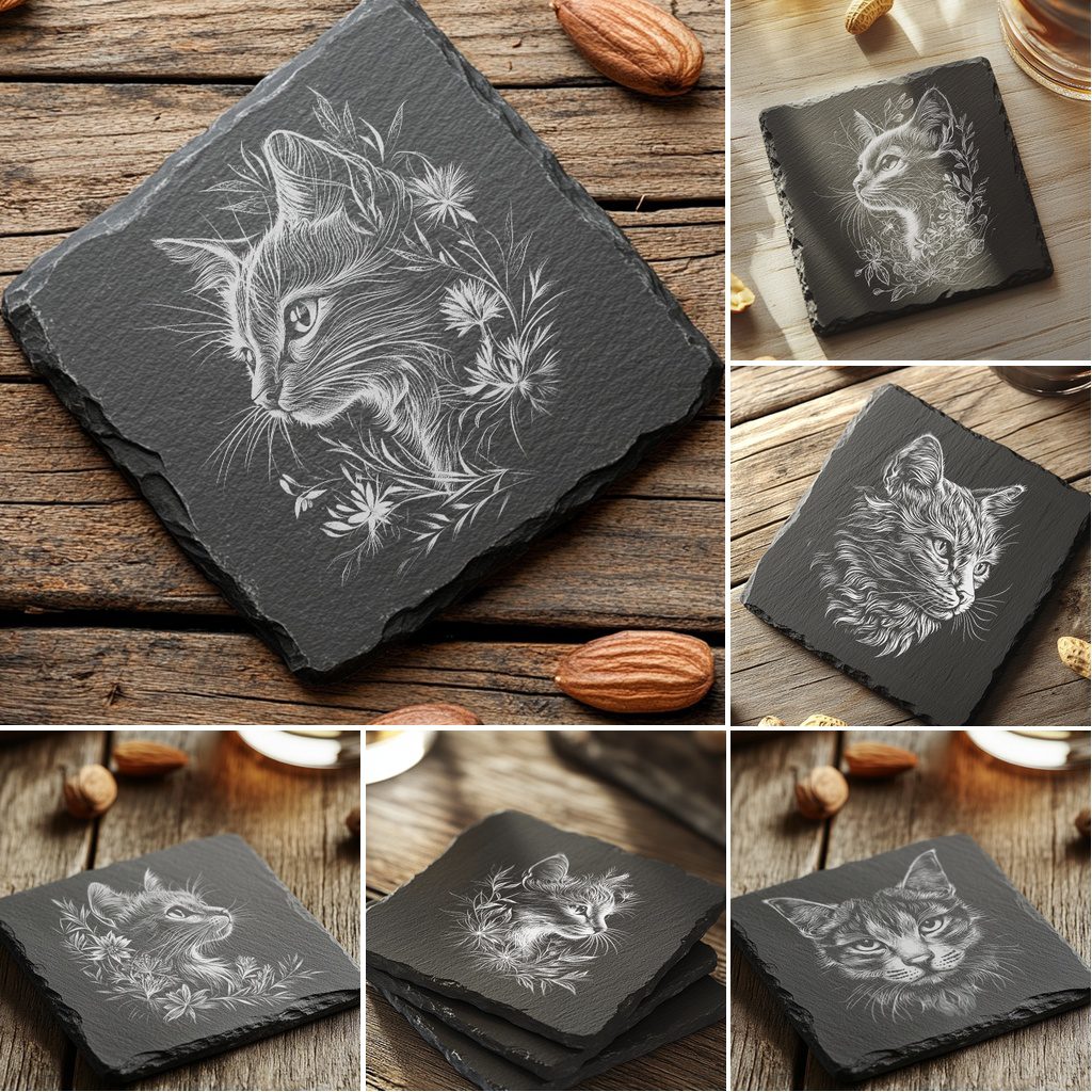 Cat Flora Slate Coaster Engraving Designs, 6 Unique