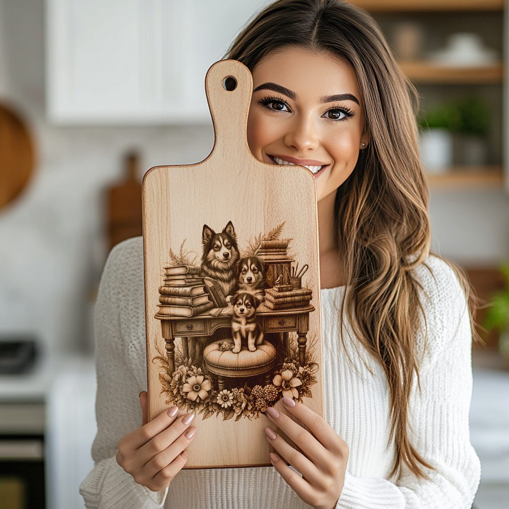 Charcuterie Board Engraving File, Dog Family with Books Flowers, Kitchen Decor Template - Imagen 2