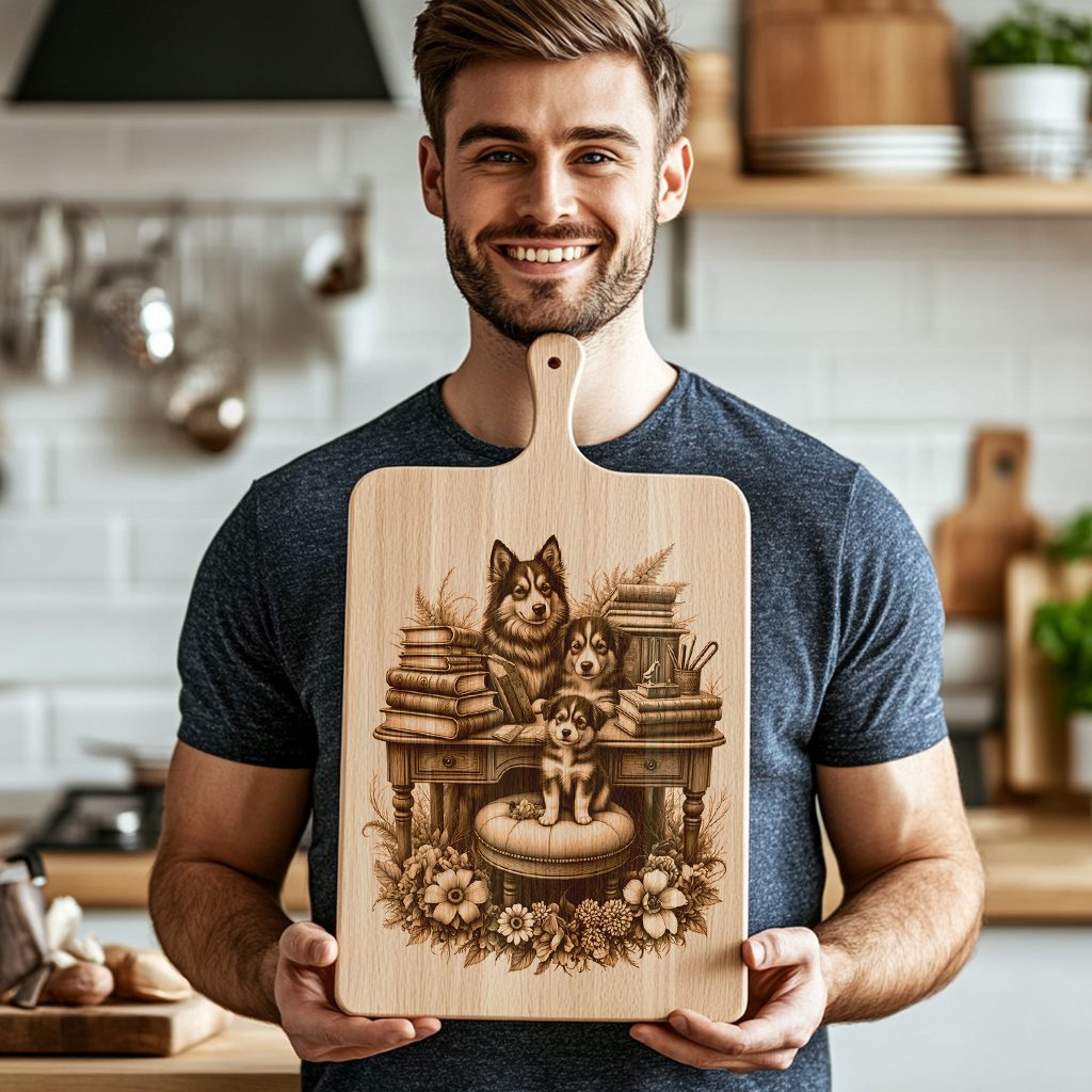 Charcuterie Board Engraving File, Dog Family with Books Flowers, Kitchen Decor Template - Imagen 3