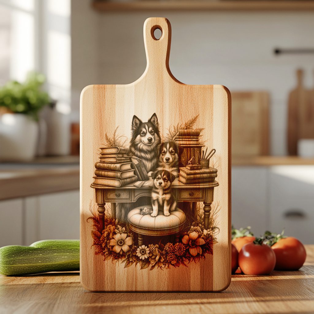 Charcuterie Board Engraving File, Dog Family with Books Flowers, Kitchen Decor Template - Imagen 4