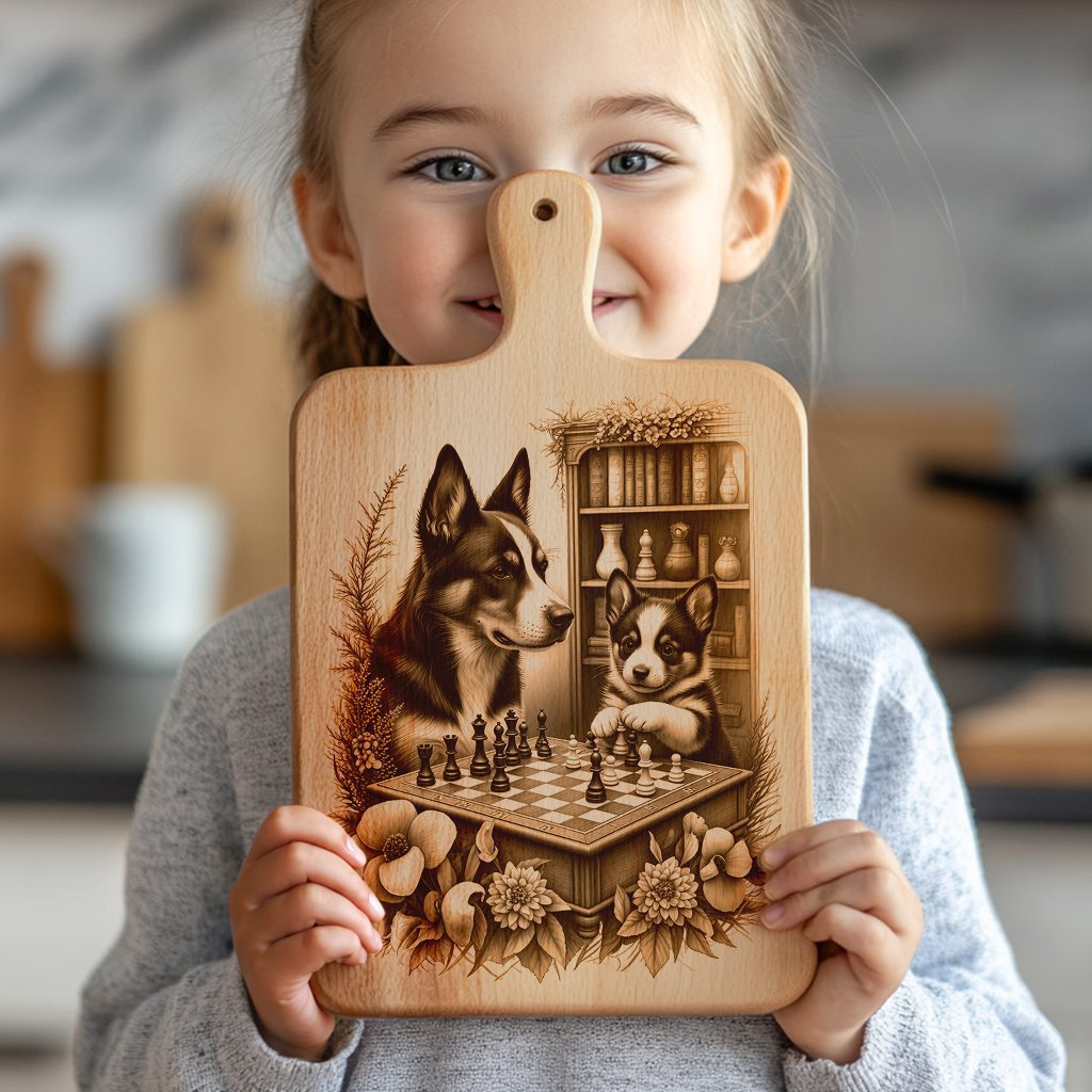 Charcuterie Board Engraving File, Dogs Playing Chess by Bookcase, Unique Decor - Imagen 2