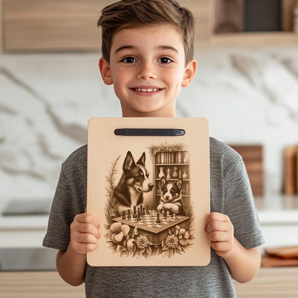 Charcuterie Board Engraving File, Dogs Playing Chess by Bookcase, Unique Decor - Imagen 3