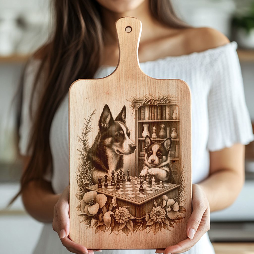 Charcuterie Board Engraving File, Dogs Playing Chess by Bookcase, Unique Decor - Imagen 4