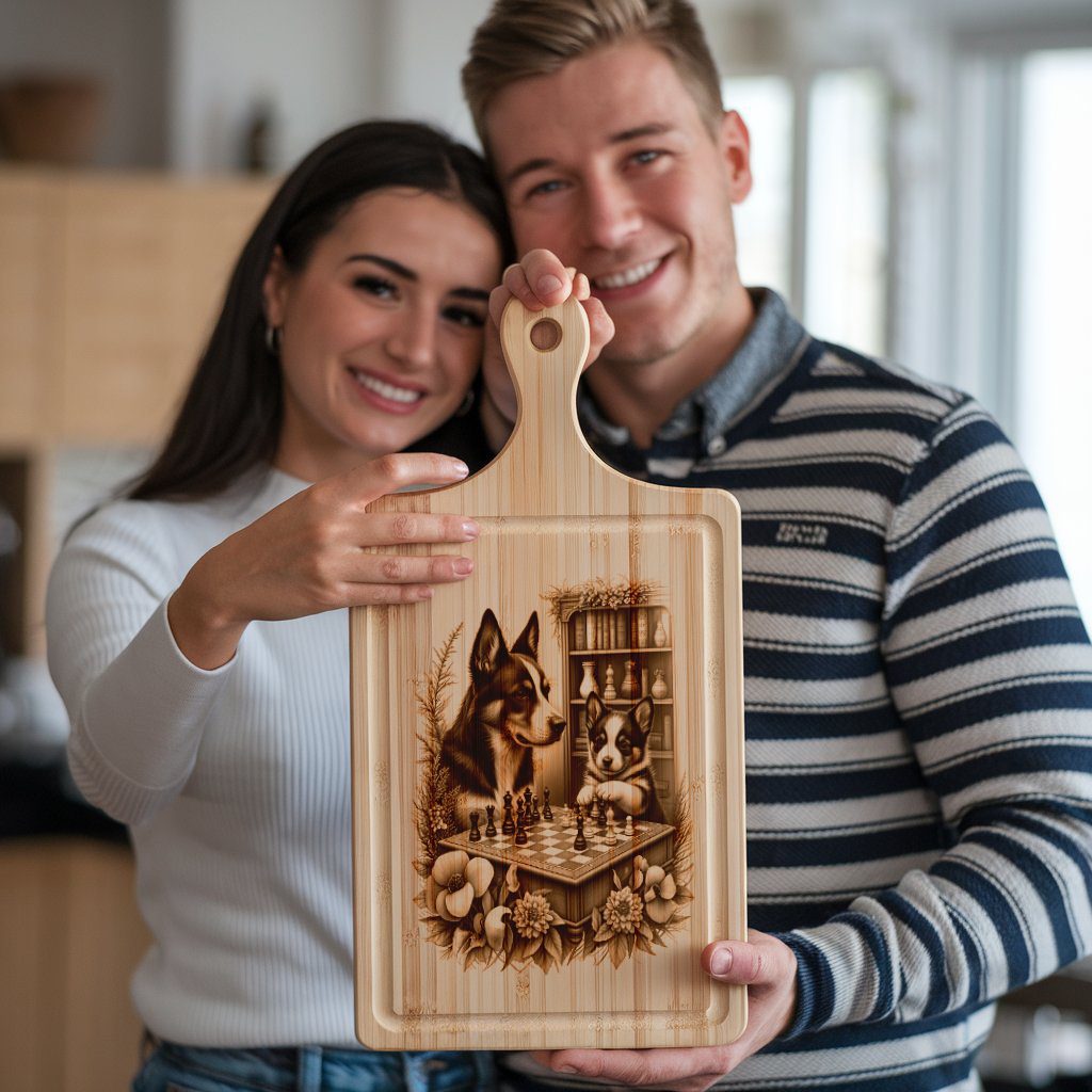 Charcuterie Board Engraving File, Dogs Playing Chess by Bookcase, Unique Decor - Imagen 5