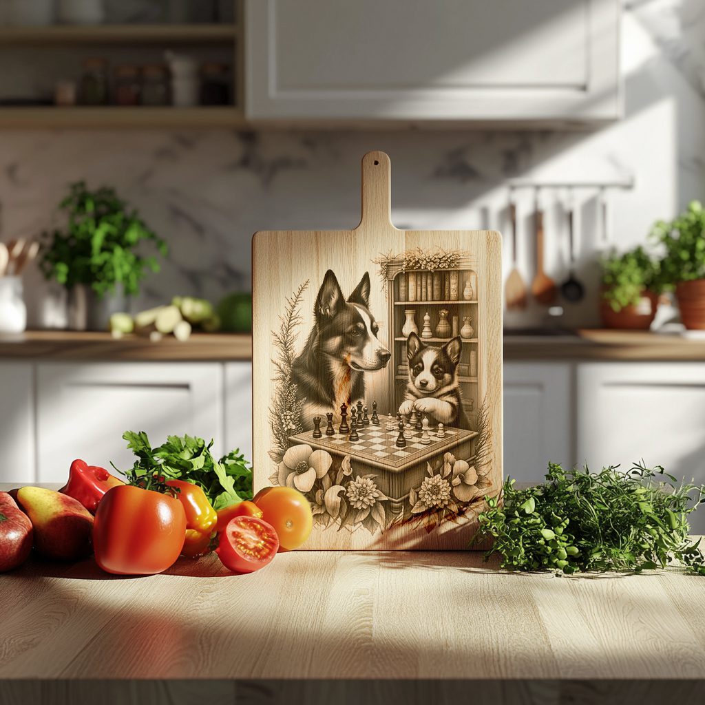 Charcuterie Board Engraving File, Dogs Playing Chess by Bookcase, Unique Decor - Imagen 6