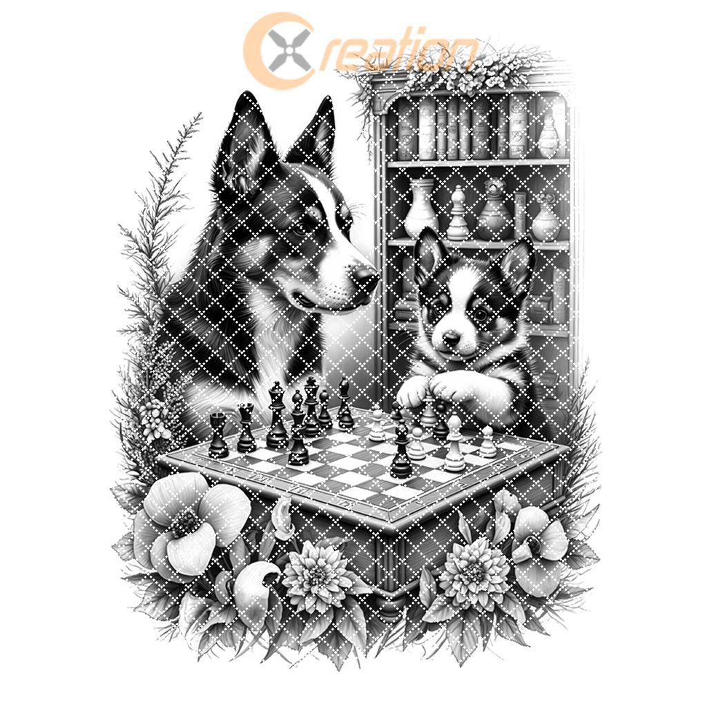 Charcuterie Board Engraving File, Dogs Playing Chess by Bookcase, Unique Decor - Imagen 7