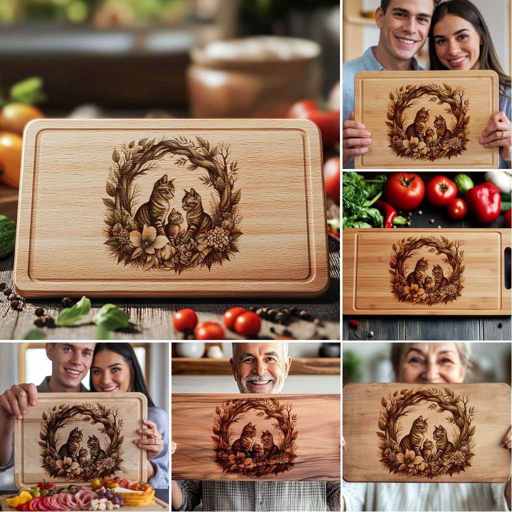 Charcuterie Board Laser Engraving Bundle, Cat Family Kitchen Decor, 6 Designs - immagine 5