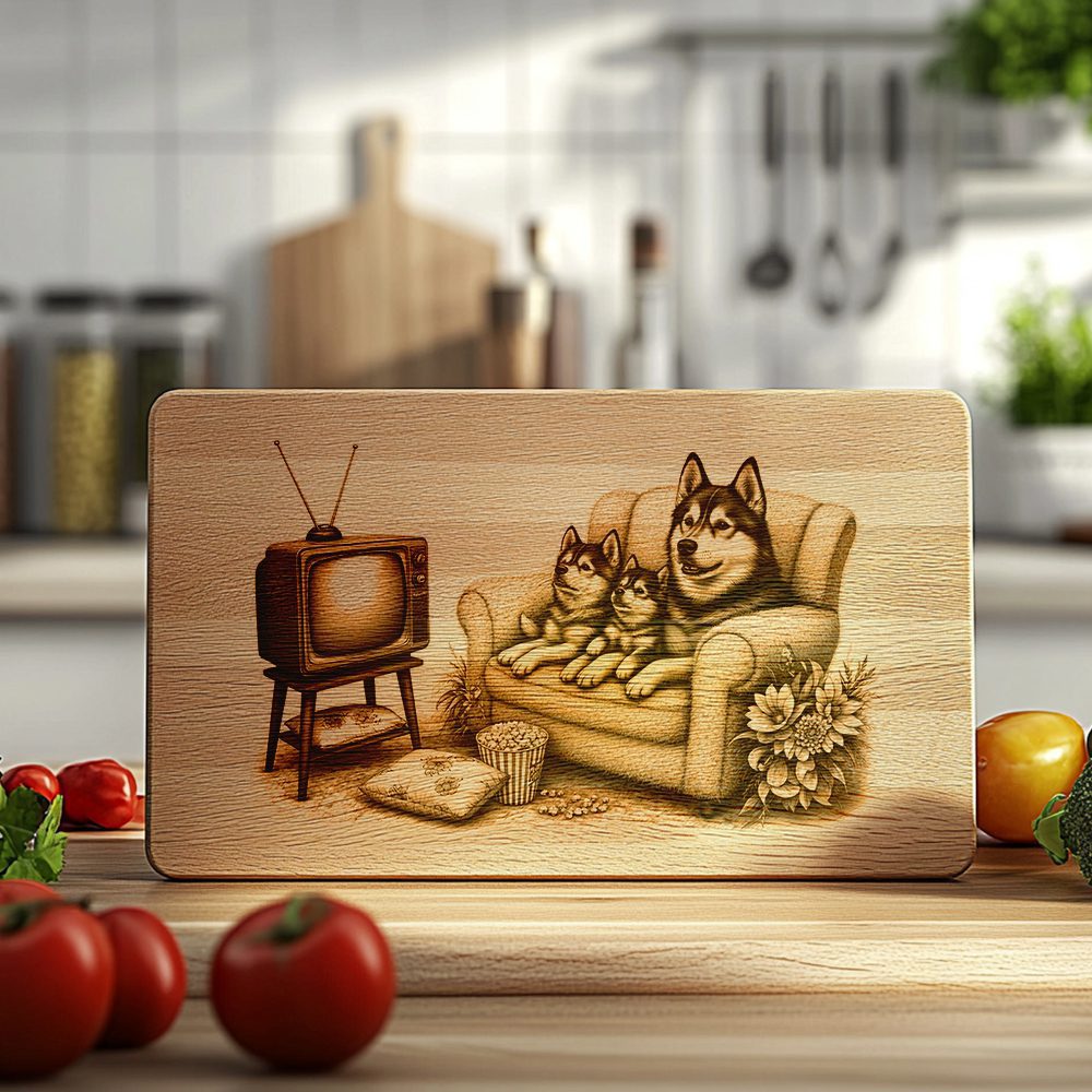 Charcuterie Board Laser Engraving File, Huskies on Couch,