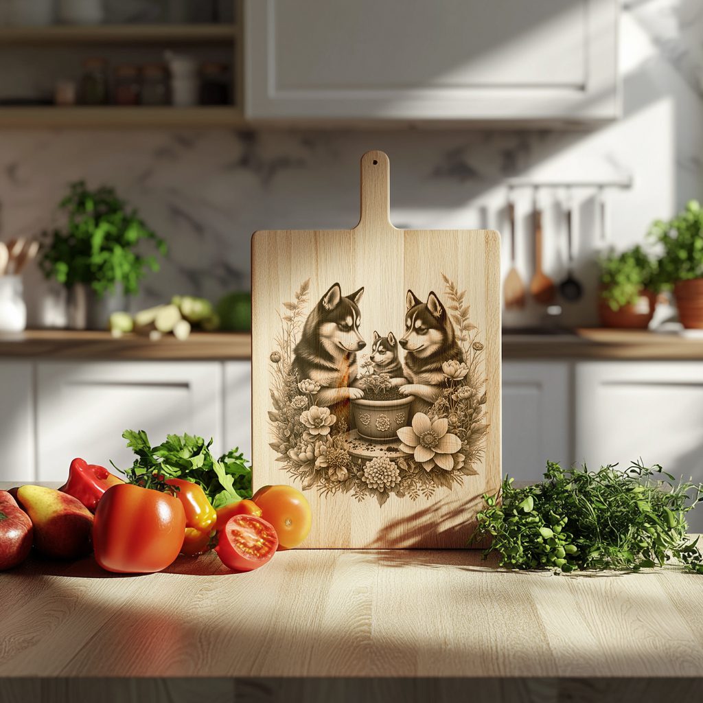 Charcuterie Board Laser Engraving File, Husky Family Floral Kitchen Decor Template – Bild 3