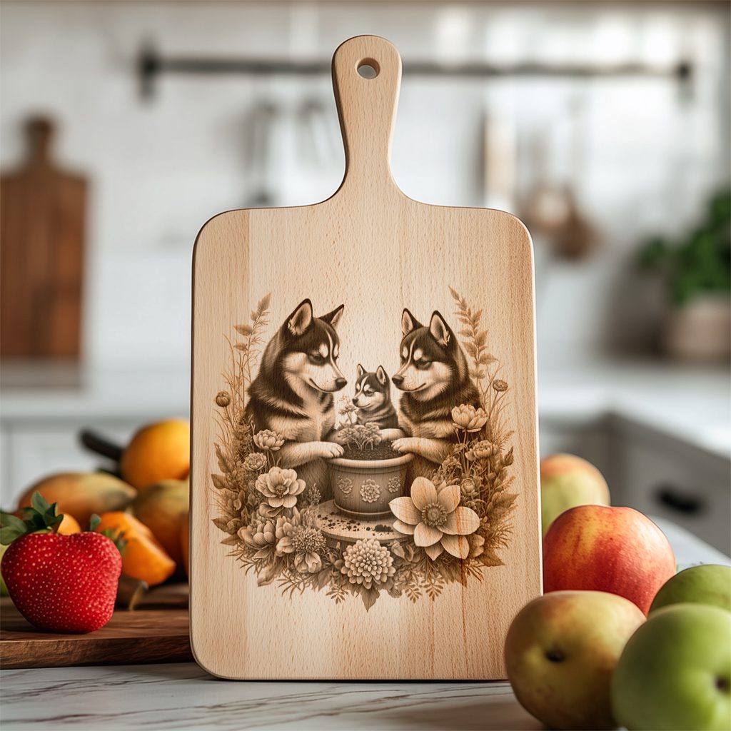 Charcuterie Board Laser Engraving File, Husky Family Floral Kitchen Decor Template – Bild 5