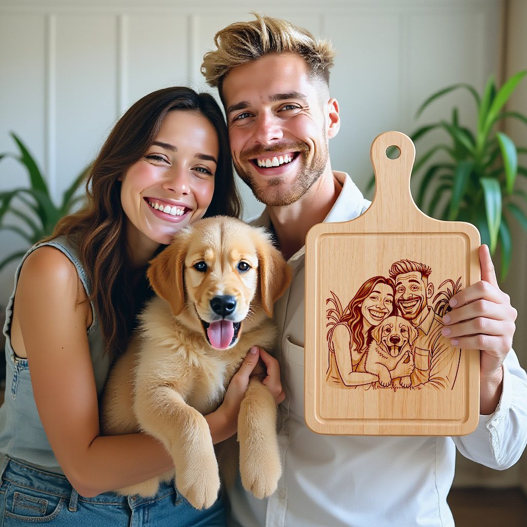 Custom Couple Caricature Portrait, Grayscale Laser Engraved Art, Charcuterie Board Gift - Imagen 2