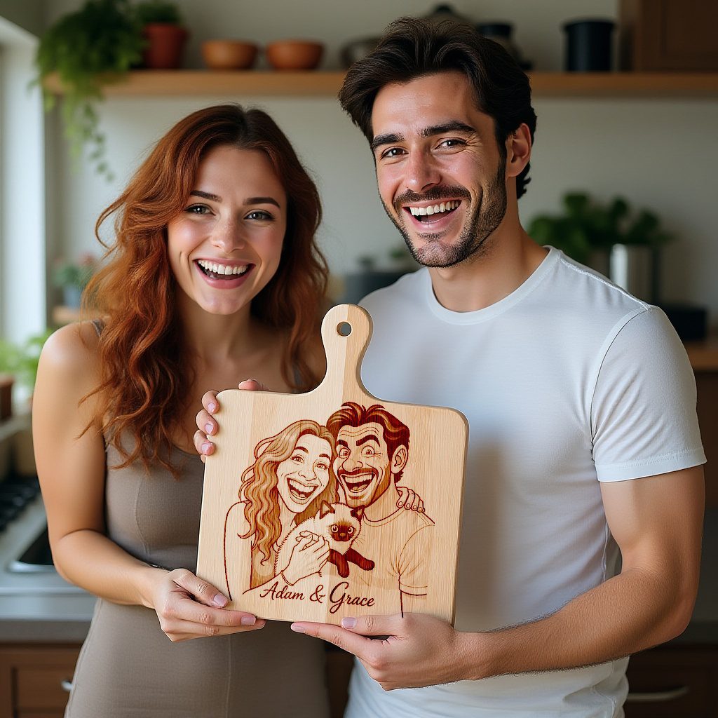 Custom Couple Caricature Portrait, Grayscale Laser Engraved Art, Charcuterie Board Gift - Imagen 3