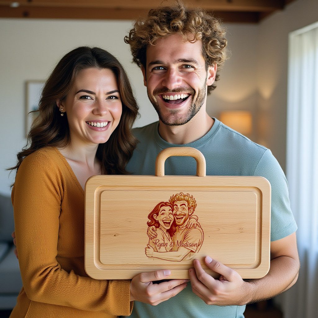 Custom Couple Caricature Portrait, Grayscale Laser Engraved Art, Charcuterie Board Gift - Imagen 4