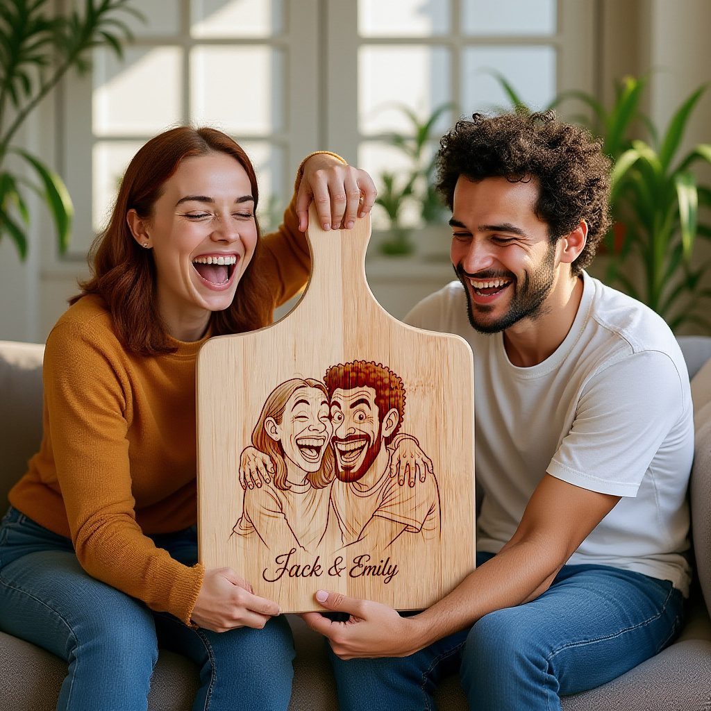 Custom Couple Caricature Portrait, Grayscale Laser Engraved Art, Charcuterie Board Gift - Imagen 5
