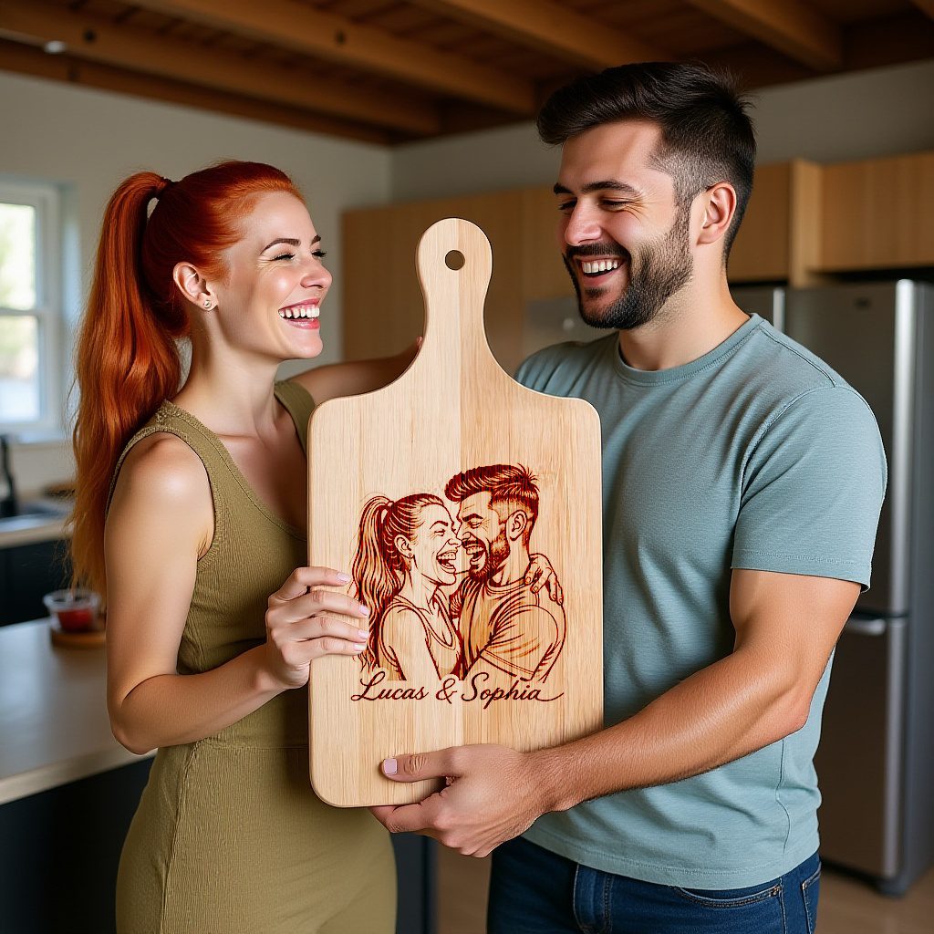 Custom Couple Caricature Portrait, Grayscale Laser Engraved Art, Charcuterie Board Gift - Imagen 6