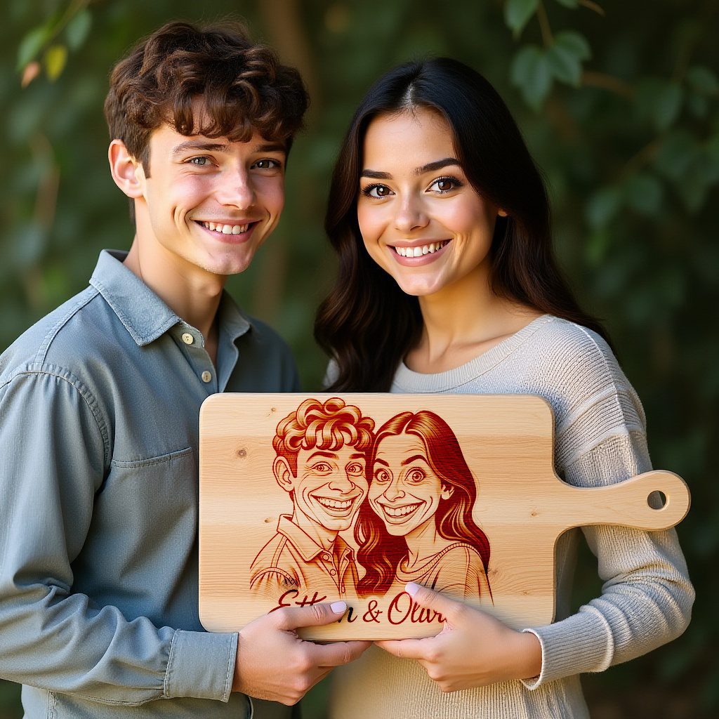 Custom Couple Caricature Portrait, Grayscale Laser Engraved Art,