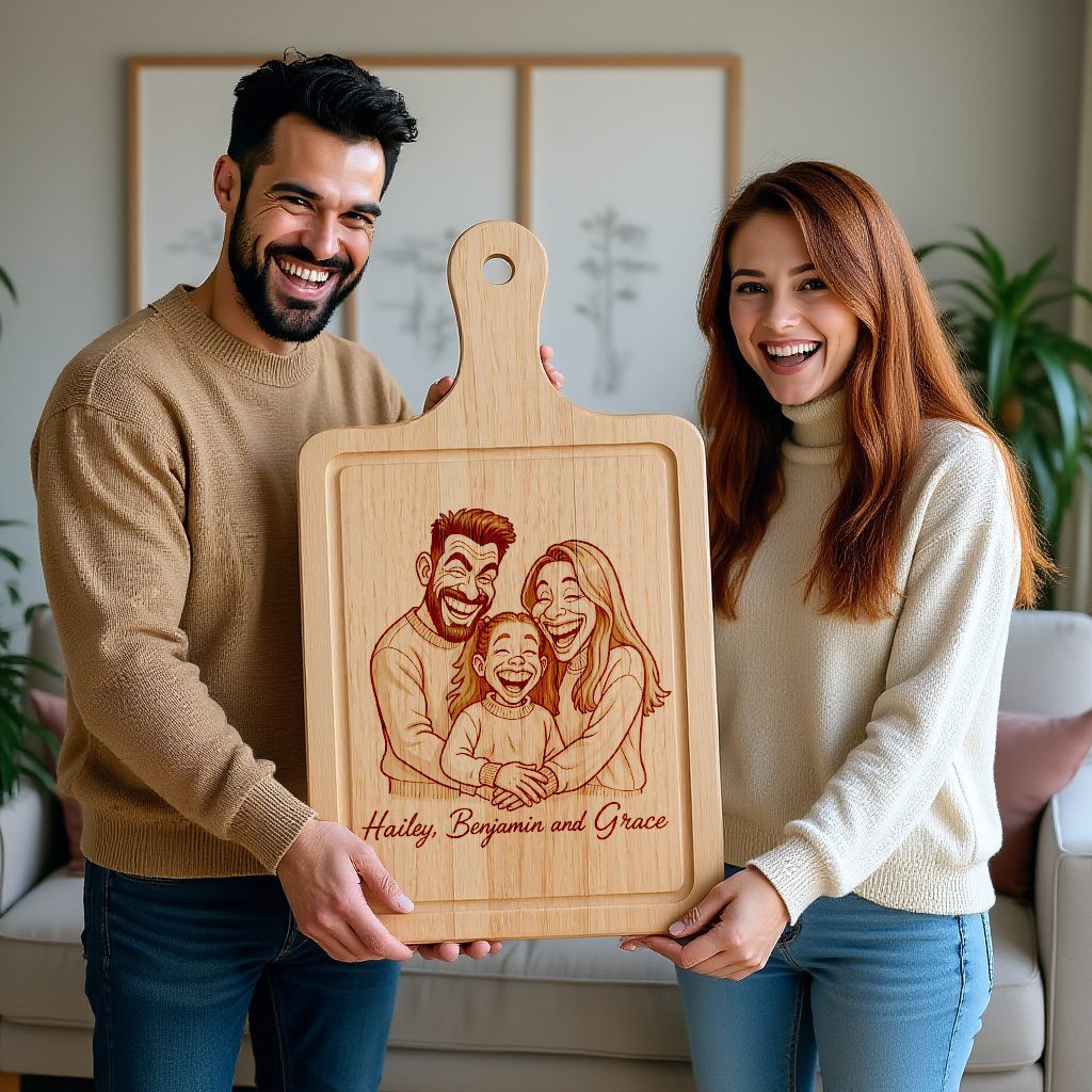 Custom Family Caricature Portrait from Photo, Laser Engraved Charcuterie Board Gift – Bild 5