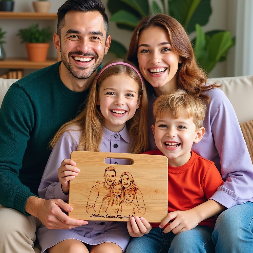Custom Family Hand Drawn Portrait from Photo, Laser Engraved on Chopping Board – Bild 3