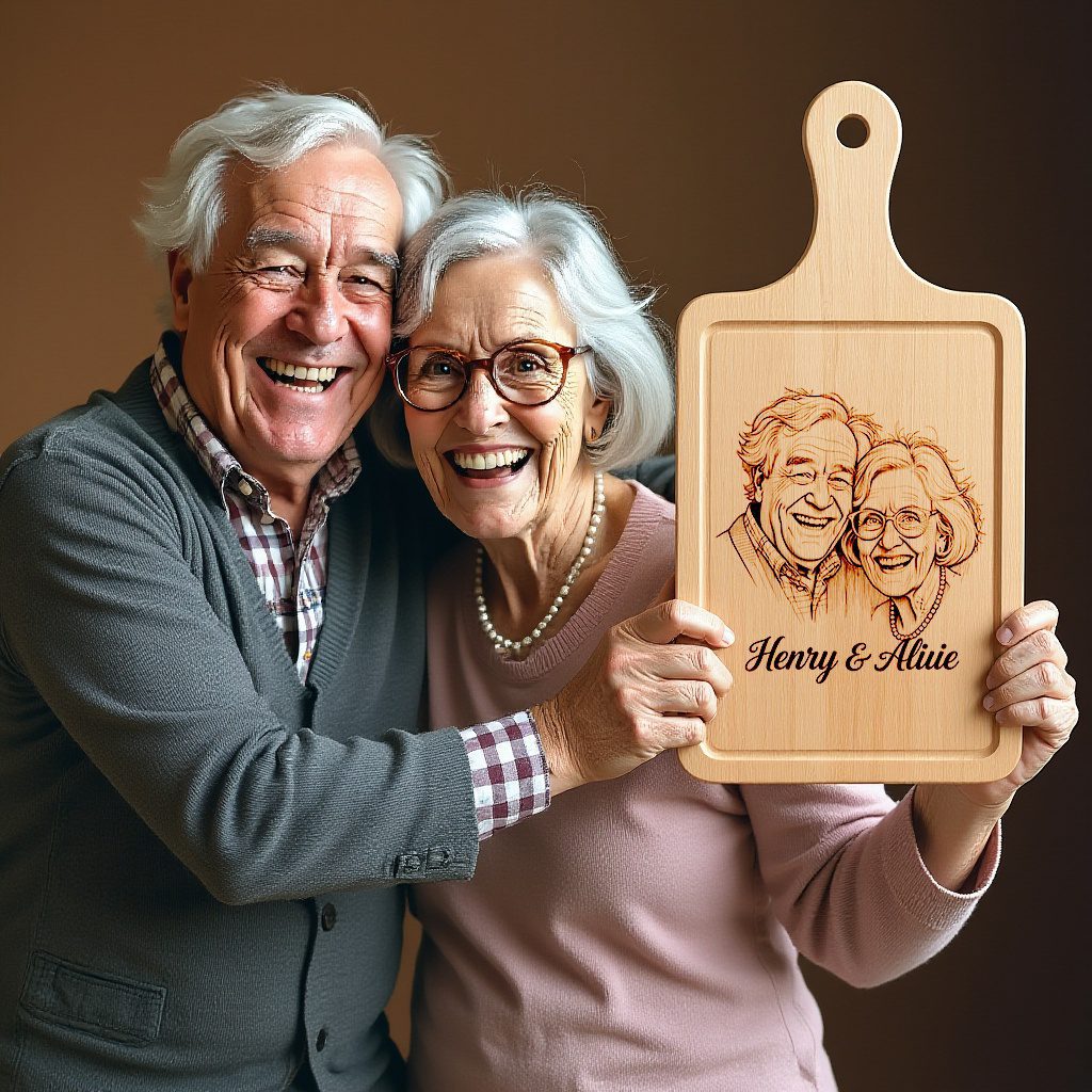 Custom Hand-Drawn Old Couple Portrait for Engraved Chopping Board, Anniversary Gift – Bild 2
