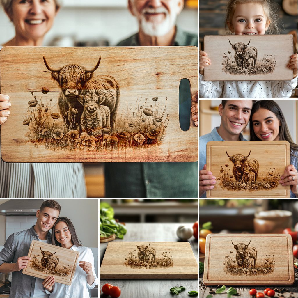 Highland Cow Family Charcuterie Board Engraving Bundle, 6