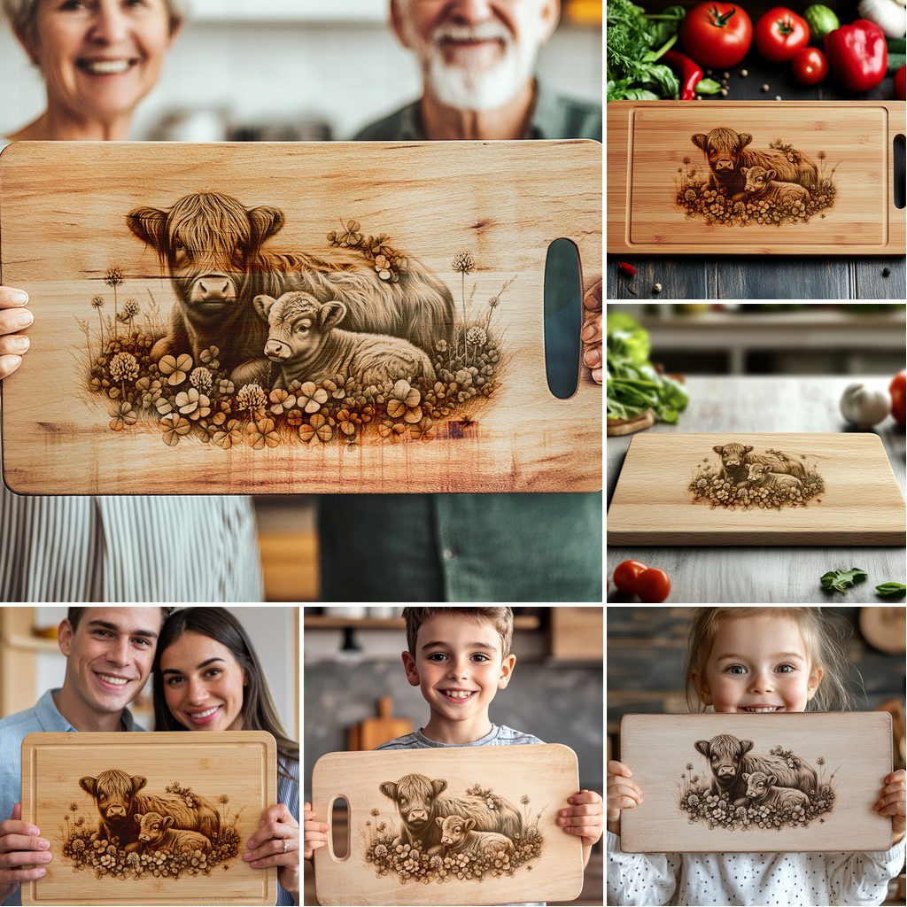 Highland Cow Family Charcuterie Board Engraving Bundle, 6