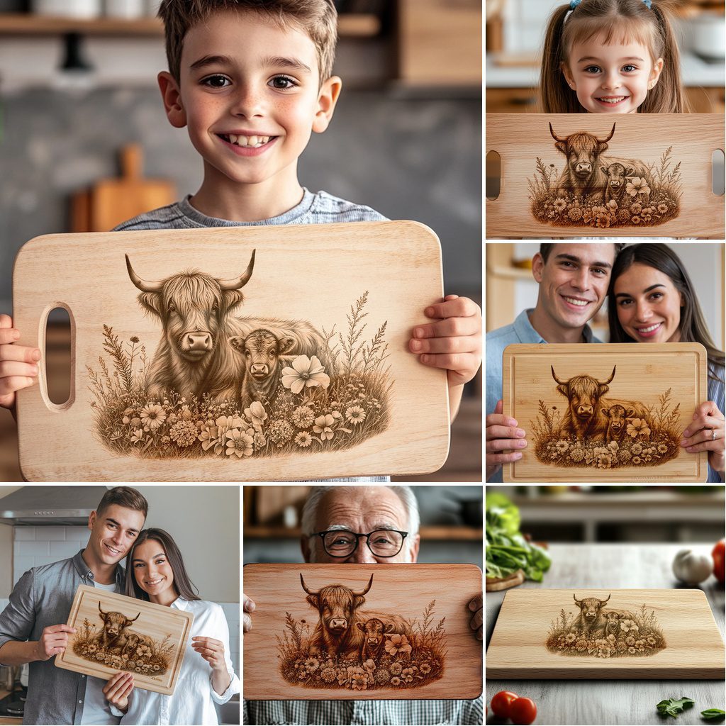 Highland Cow Family Charcuterie Board Engraving Bundle, 6