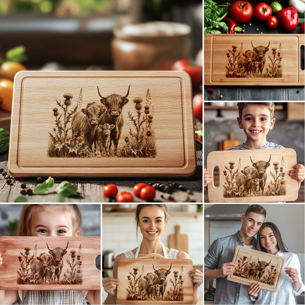 Highland Cow Family Charcuterie Board Engraving Bundle, 6
