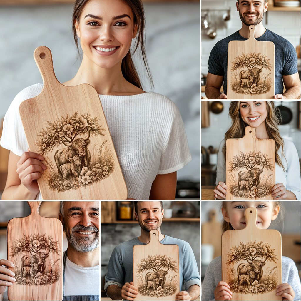 Highland Cow Family Charcuterie Board Engraving Bundle, 6