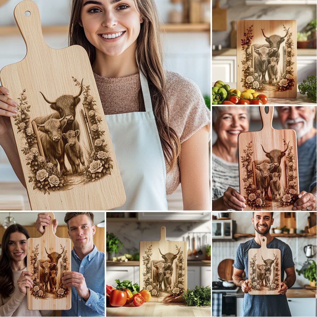 Highland Cow Family Charcuterie Board Laser Engraving Bundle,
