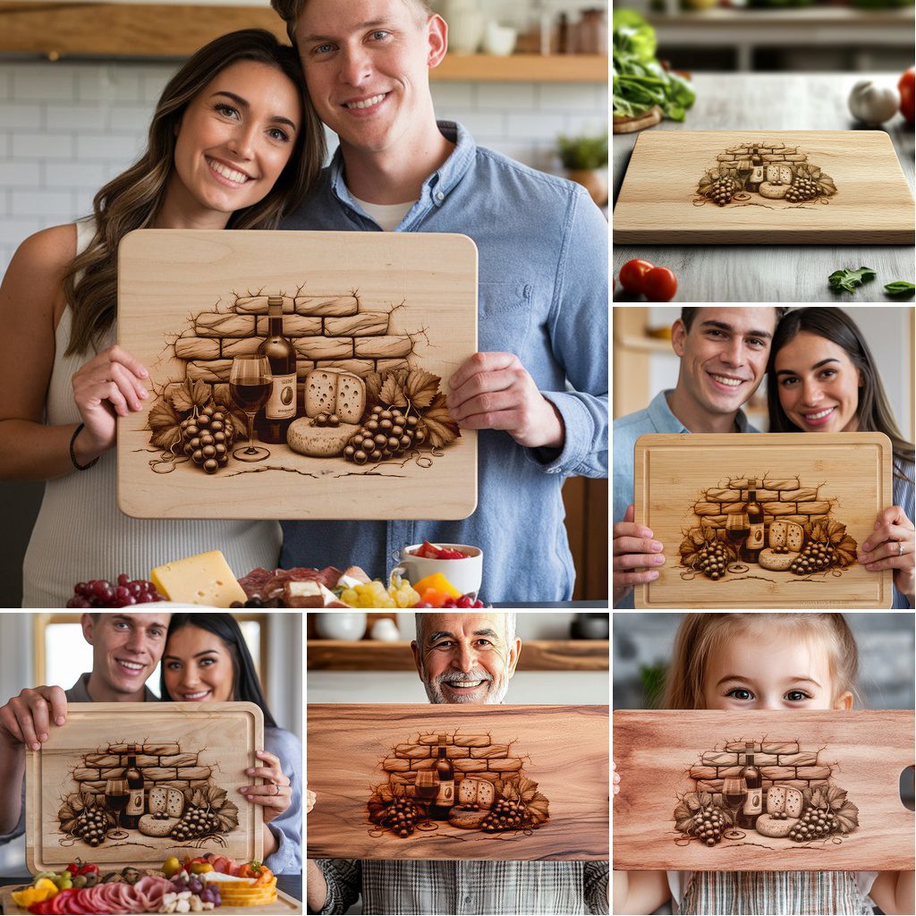 Laser Engraving Designs Bundle for Charcuterie Board, Retro Wine, Grapes, 3D Decor - Imagen 2