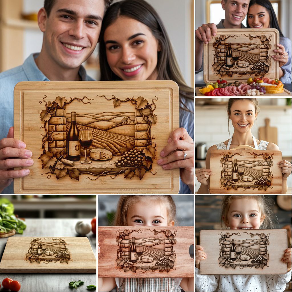 Laser Engraving Designs Bundle for Charcuterie Boards, Retro Wine, Grapes, 3D Decor - immagine 4