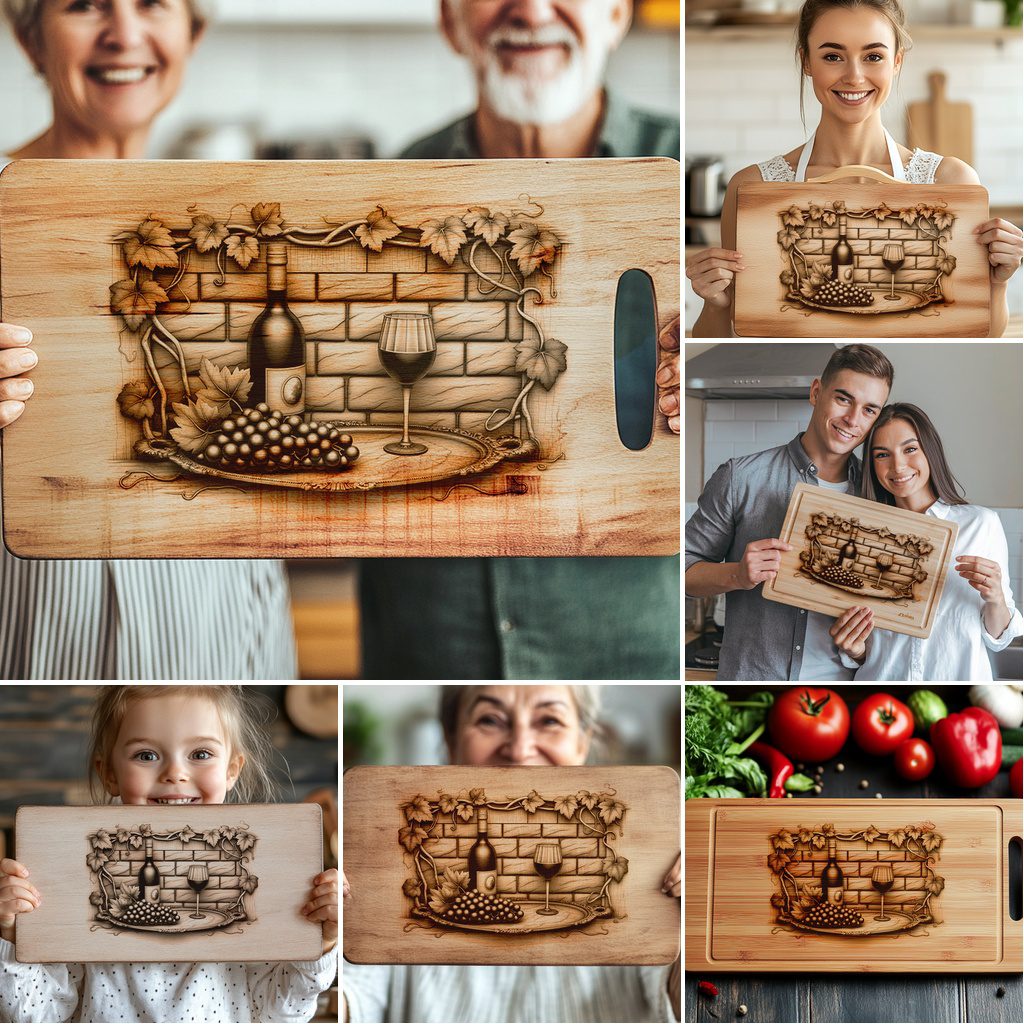 Laser Engraving Designs Bundle for Charcuterie Boards, Retro Wine, Grapes, 3D Decor - immagine 5