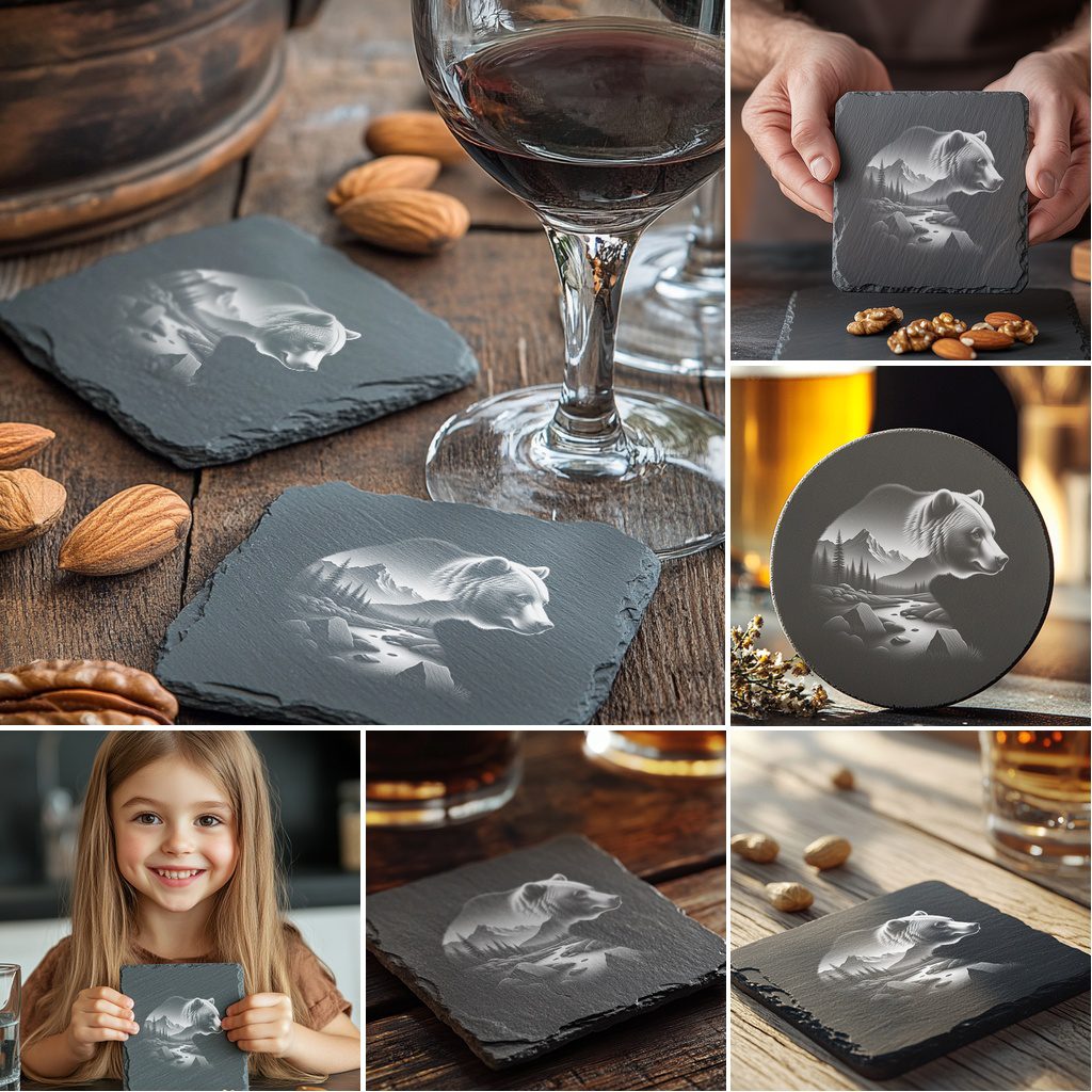 Wild Animal Double Exposure Slate Coaster Bundle, 6 Unique Laser Engraved Designs - Imagen 2